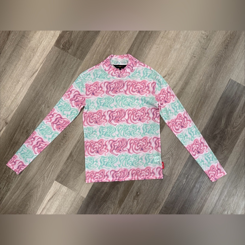 Teddy Fresh Womens Long Sleeve Semi Sheer Logo Top Size MEDIUM Sage/Pink Swirl